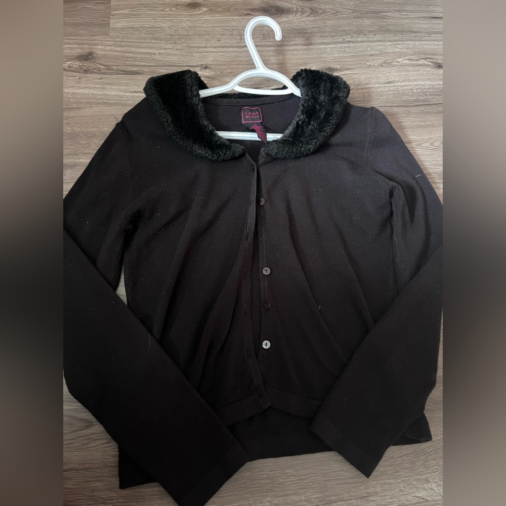 Elegant Vintage Black Faux Fur Collar Cardigan